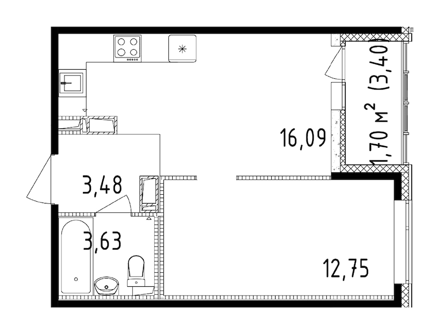 1-комнатная квартира 35.95 м², 13/14 эт., ЖК «Чёрная речка»